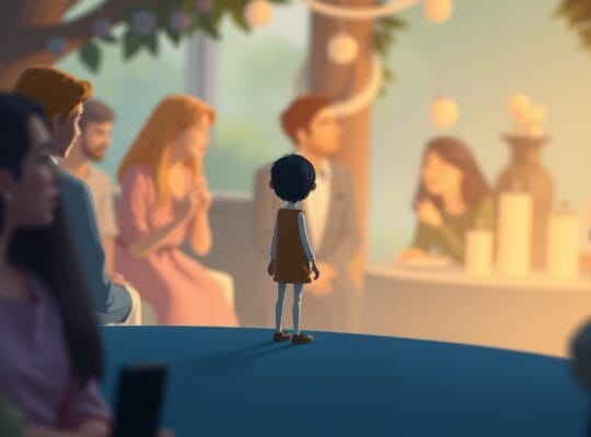 Samotna postać na skraju tłumu w pastelowej, sennej scenerii, symbolizująca poczucie dystansu.