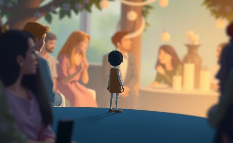 Samotna postać na skraju tłumu w pastelowej, sennej scenerii, symbolizująca poczucie dystansu.