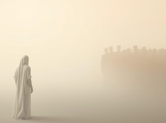 Samotna, eteryczna postać rozpuszcza się w pastelowym tle, oddzielona od oddalonej grupy.