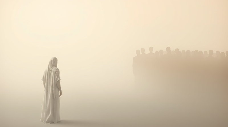 Samotna, eteryczna postać rozpuszcza się w pastelowym tle, oddzielona od oddalonej grupy.