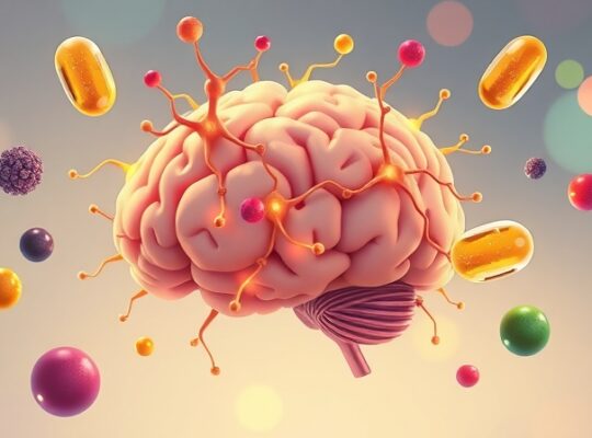 Stylizowany mózg z neuronów otoczony antyoksydantami: jagody, witamina E i zielenina.