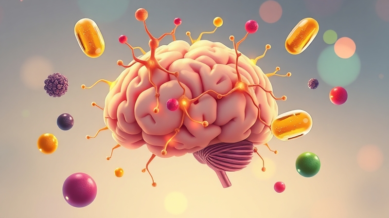 Stylizowany mózg z neuronów otoczony antyoksydantami: jagody, witamina E i zielenina.