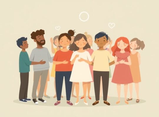 Stylizowani ludzie tworzący sieć połączeń, emanując ciepłem i jednością.