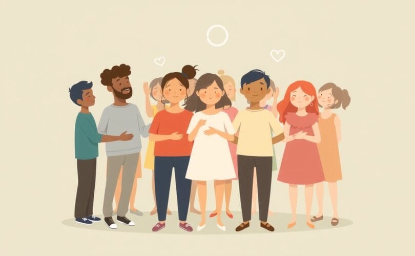 Stylizowani ludzie tworzący sieć połączeń, emanując ciepłem i jednością.