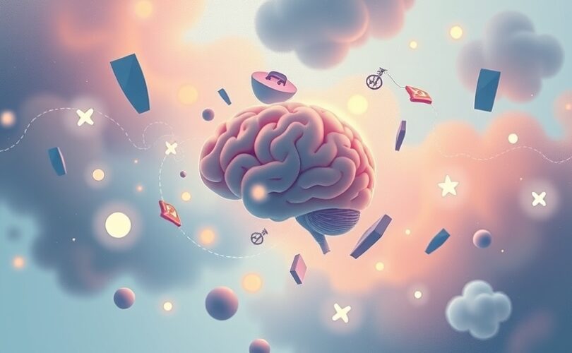 Stylizowany mózg w pastelowej mgle z rozmytymi symbolami - błędna ocena intencji.