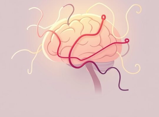 Stylizowany mózg z zaplątanymi nićmi sygnałów społecznych, w łagodnych pastelach.