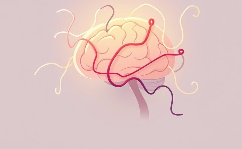 Stylizowany mózg z zaplątanymi nićmi sygnałów społecznych, w łagodnych pastelach.