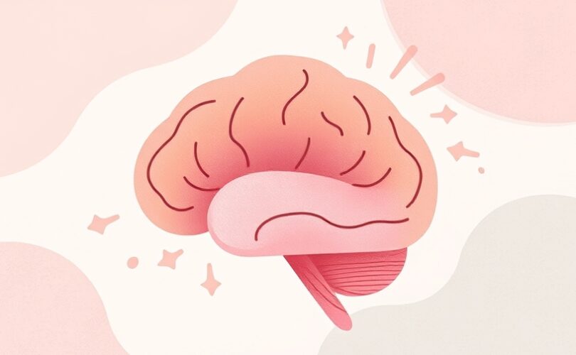 Abstrakcyjna ilustracja mózgu filtrującego ostrzegawcze sygnały subtelnymi, pastelowymi kształtami.