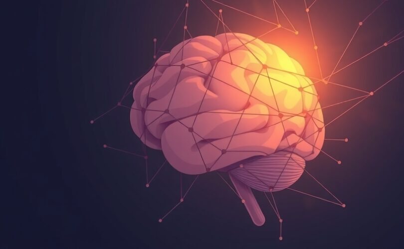 Abstrakcyjna sieć neuronowa symbolizująca mózg, z częściowo oświetlonym i przyciemnionymi ścieżkami.