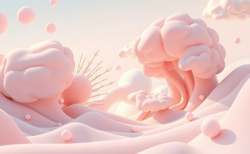 Surrealny krajobraz myśli i wspomnień, pastelowe barwy, świetliste ścieżki neuronowe.