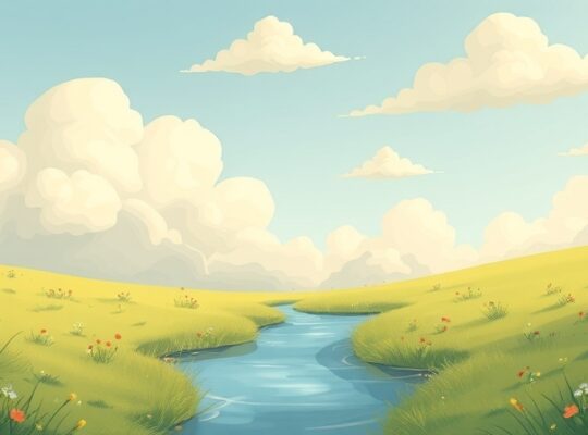 Sielankowa łąka umysłu z chmurami-wspomnieniami, które łagodnie wpływają na teraźniejszość, symbolizując mętność czasu.