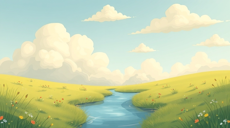 Sielankowa łąka umysłu z chmurami-wspomnieniami, które łagodnie wpływają na teraźniejszość, symbolizując mętność czasu.