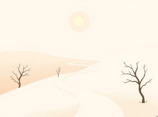 Uproszczona ścieżka mózgu przez złożony krajobraz, oświetlona spokojnym światłem.