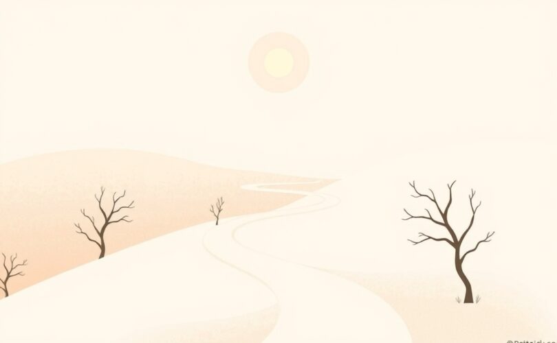 Uproszczona ścieżka mózgu przez złożony krajobraz, oświetlona spokojnym światłem.