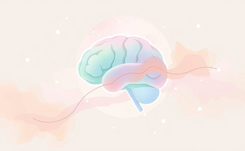 Stylizowany, świecący mózg z ewoluującymi, świetlistymi ścieżkami umysłu w pastelach.