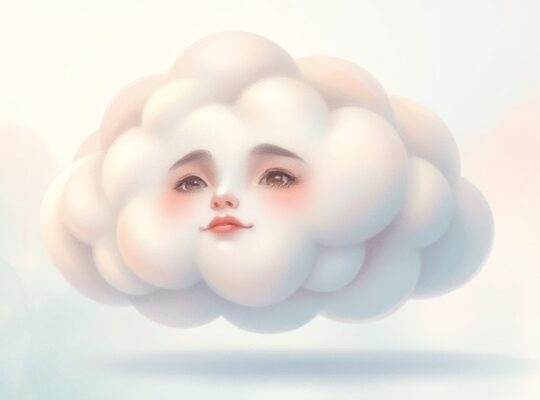 Amorficzna chmura z delikatnymi wzorami twarzy na pastelowym tle.