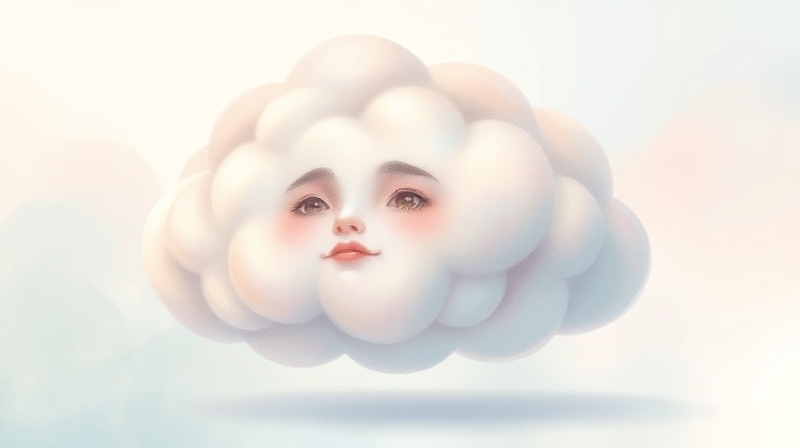 Amorficzna chmura z delikatnymi wzorami twarzy na pastelowym tle.