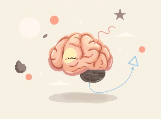 Stylizowany mózg z jedną skupioną częścią, odseparowanymi myślami i jasnym połączeniem z zadaniem.