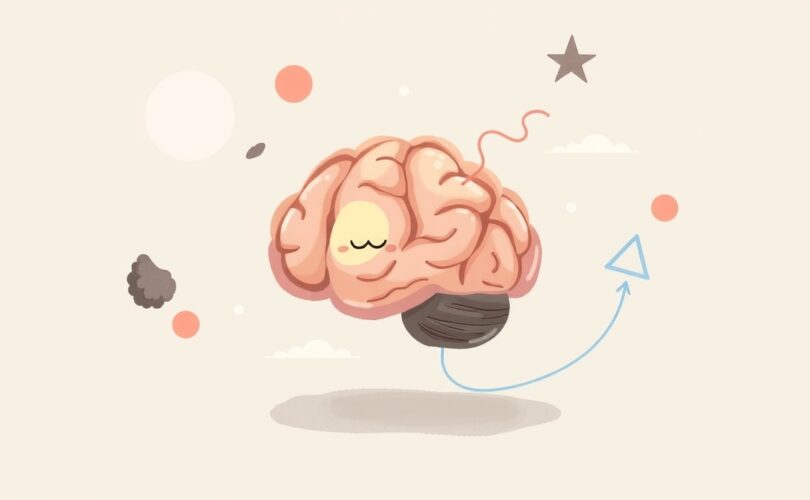 Stylizowany mózg z jedną skupioną częścią, odseparowanymi myślami i jasnym połączeniem z zadaniem.