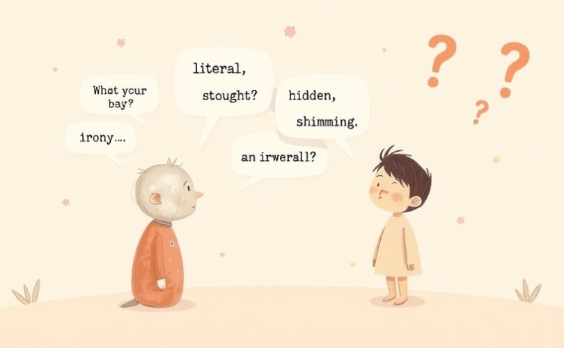 Stylizowana dwoista rozmowa: dosłowne słowa kontra ukryta ironia, pytania i pastelowe wzory.