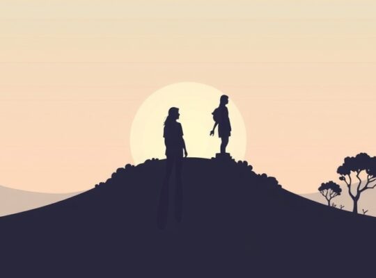 Stylizowana sylwetka przy rozdrożu, wybór między nieznaną przyszłością a bezpiečním ogrodem.