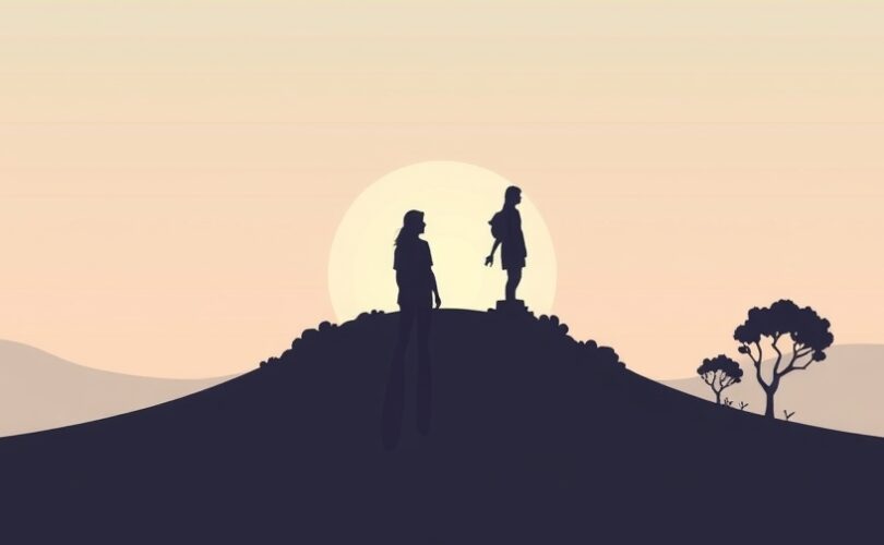 Stylizowana sylwetka przy rozdrożu, wybór między nieznaną przyszłością a bezpiečním ogrodem.