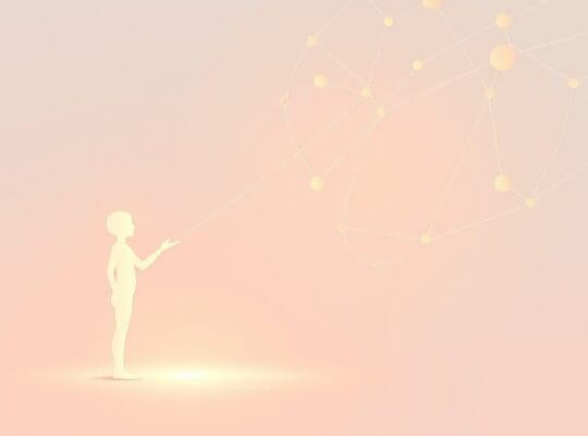 Delikatna postać świetlna pod wpływem sieci subtelnych, barwnych więzi.