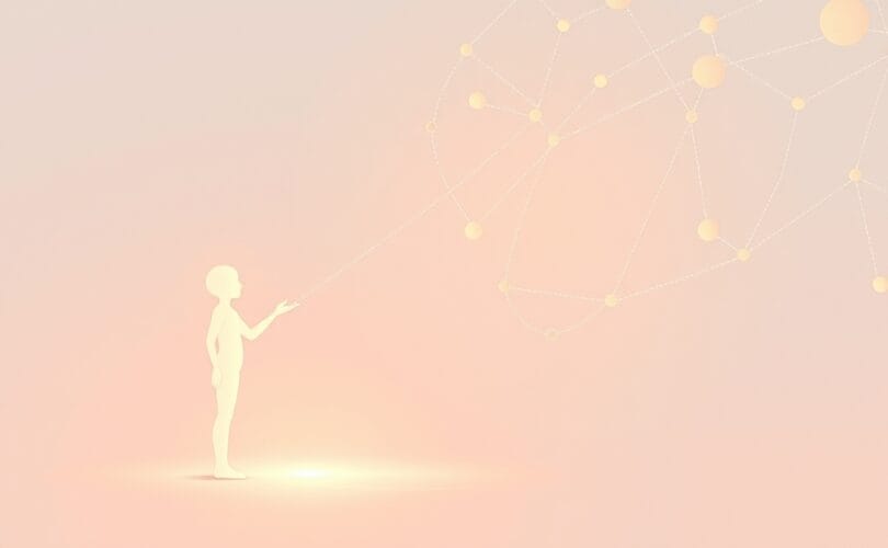 Delikatna postać świetlna pod wpływem sieci subtelnych, barwnych więzi.