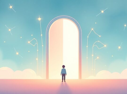 Sylwetka przed drzwiami, nićmi połączona z tłem gwiazd.