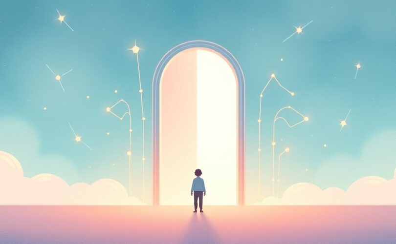 Sylwetka przed drzwiami, nićmi połączona z tłem gwiazd.