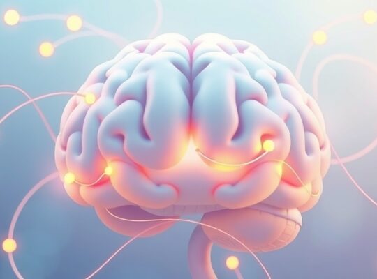 Stylizowany mózg w pastelach, aureola złotej energii wokół neuronów, metafora równowagi.
