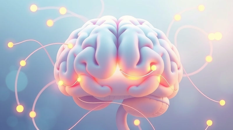 Stylizowany mózg w pastelach, aureola złotej energii wokół neuronów, metafora równowagi.