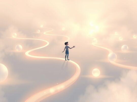 Abstrakcyjna postać na rozdrożu świetlistych ścieżek, sięga ku jednej.