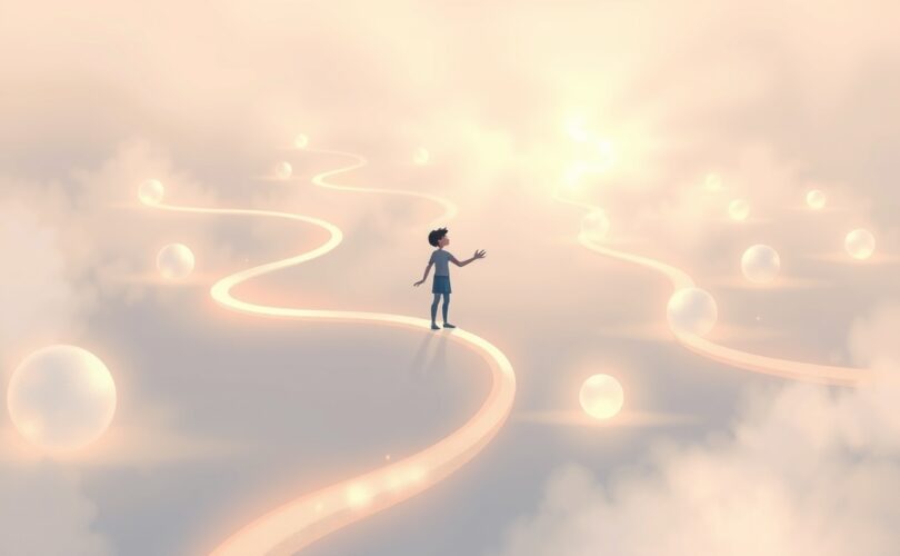 Abstrakcyjna postać na rozdrożu świetlistych ścieżek, sięga ku jednej.
