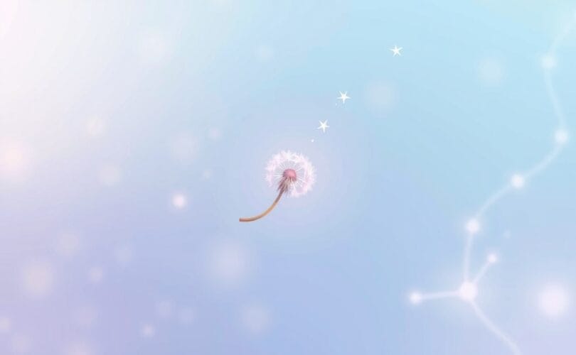 Delikatny dmuchawiec unosi się w pastelowym tle, symbolizując rozwój osobisty.