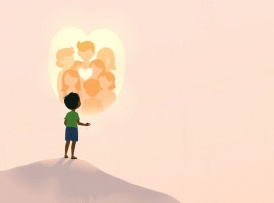 Samotna postać sięga do ciepłego blasku łączących się kształtów, symbolizując potrzebę akceptacji.