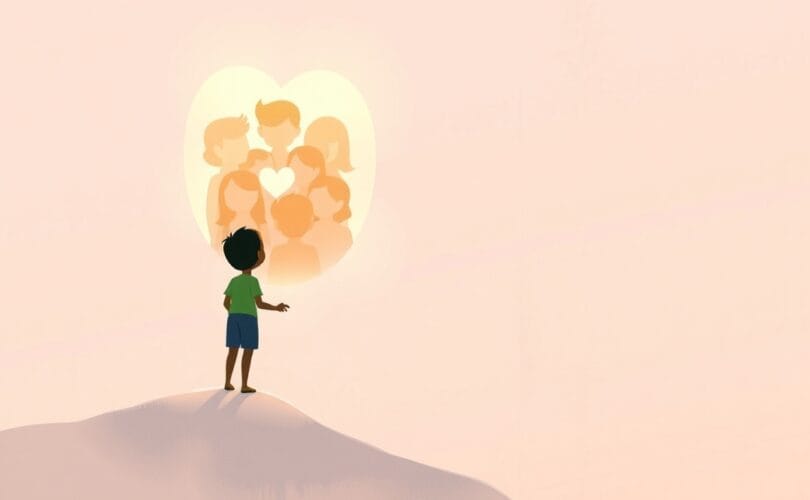 Samotna postać sięga do ciepłego blasku łączących się kształtów, symbolizując potrzebę akceptacji.