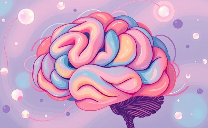 Harmonijny, pastelowy mózg z subtelnymi, świecącymi ścieżkami i kropkami pozytywnego światła.