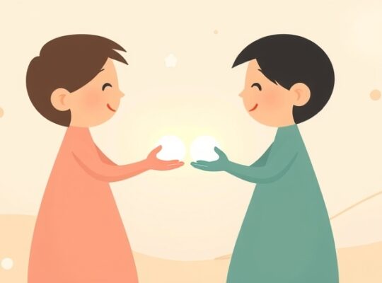 Dwie postacie wymieniają się światłem, symbolizując wzajemny szacunek i wsparcie w relacjach.