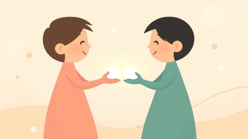 Dwie postacie wymieniają się światłem, symbolizując wzajemny szacunek i wsparcie w relacjach.