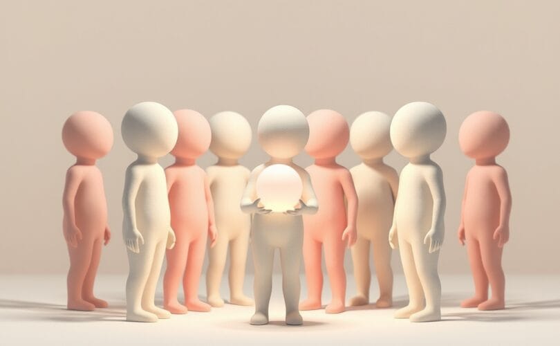 Abstrakcyjne, pastelowe figury łączą się, jedna z kulą myśli otoczona barierą ilustrującą przywiązanie do opinii.