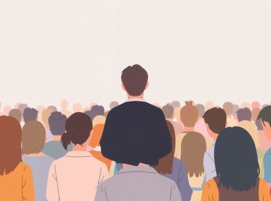 Osoba oddzielona od tłumu, skierowanego w tę samą stronę, utrzymanego w pastelowej, zwiewnej kolorystyce.