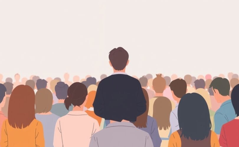 Osoba oddzielona od tłumu, skierowanego w tę samą stronę, utrzymanego w pastelowej, zwiewnej kolorystyce.