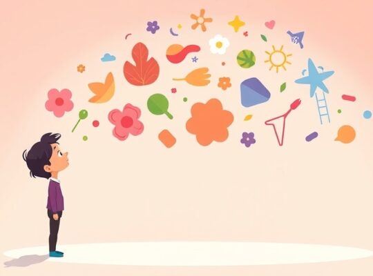 Ulotne trendy – abstrakcyjne kształty płynące w stronę refleksyjnej postaci w pastelowej ilustracji.