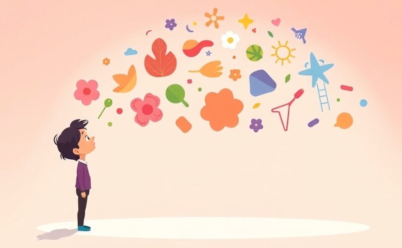 Ulotne trendy – abstrakcyjne kształty płynące w stronę refleksyjnej postaci w pastelowej ilustracji.