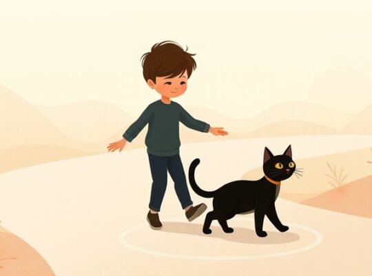 Postać w pastelowym krajobrazie omija lekko przezroczystego jaskrawo świecącego czarnego kota.