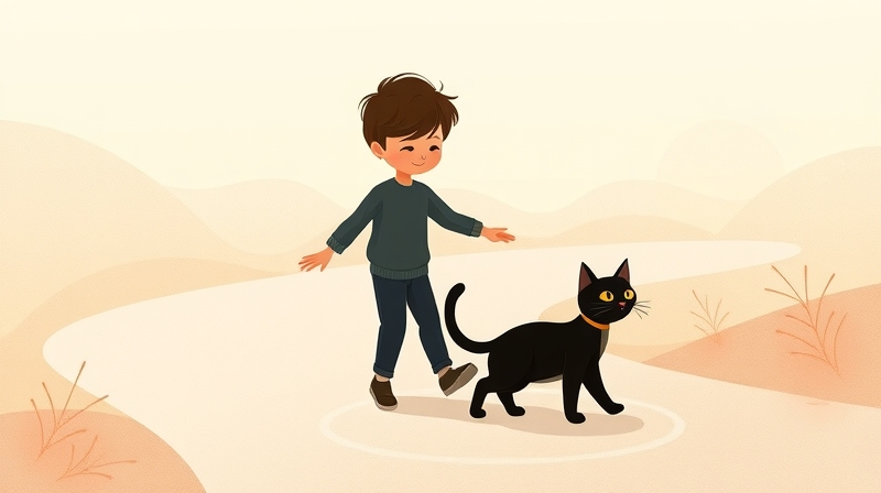 Postać w pastelowym krajobrazie omija lekko przezroczystego jaskrawo świecącego czarnego kota.