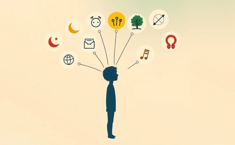 Ilustracja pastelowa: sylwetka myśląca wśród bańek z symbolami idei, sugerująca fałszywą jednomyślność.