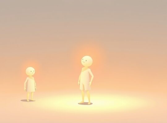 Abstrakcyjna postać w ciepłych pastelach wpływa na inne figury, symbolizując pierwsze wrażenie.