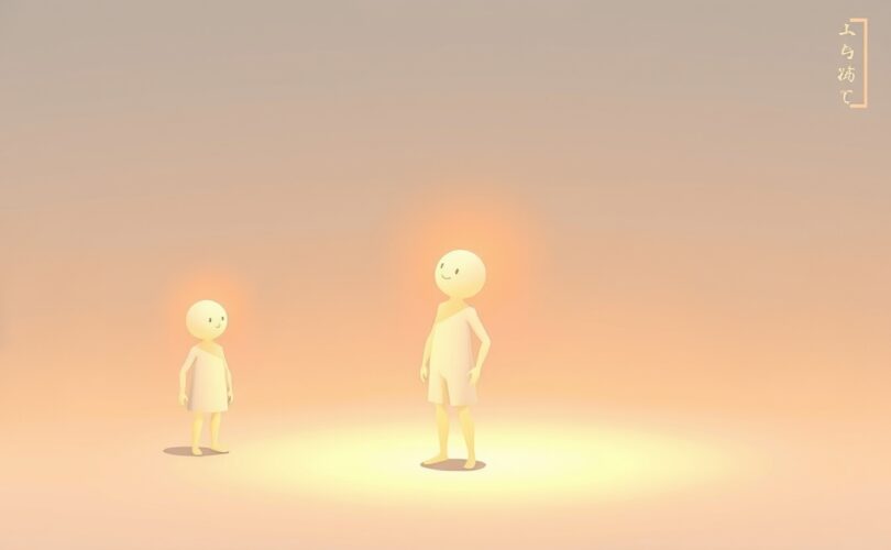 Abstrakcyjna postać w ciepłych pastelach wpływa na inne figury, symbolizując pierwsze wrażenie.